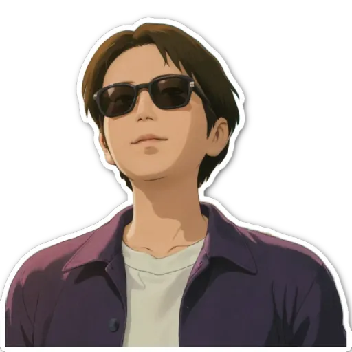 A sticker of a boy that is wearing sunglasses.