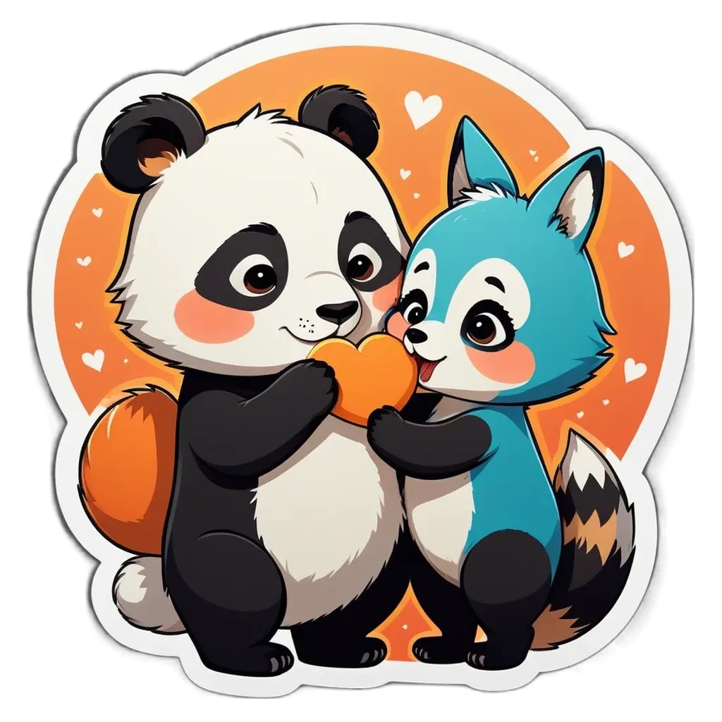 A panda bear and a fox in love holding a heart.