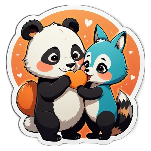 A panda bear and a fox in love holding a heart.