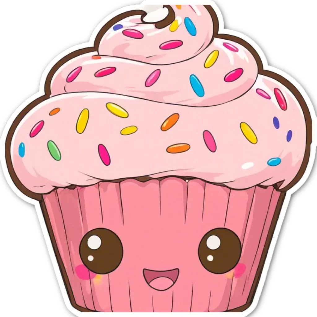 Cupcake with sprinkles is drawn in cartoon style.