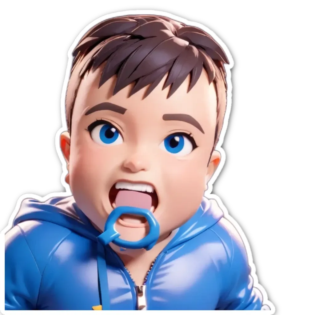 A child wearing a blue jacket and holding a blue object in his mouth.