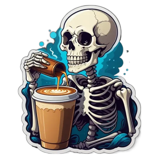 A skeleton drinking from a cup of coffee.