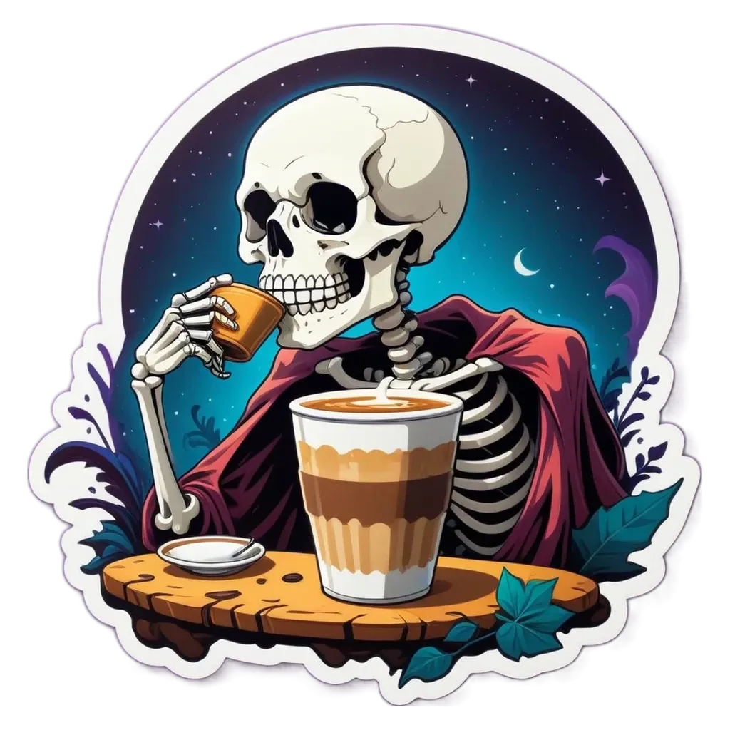 A skeleton eating a cup of coffee.