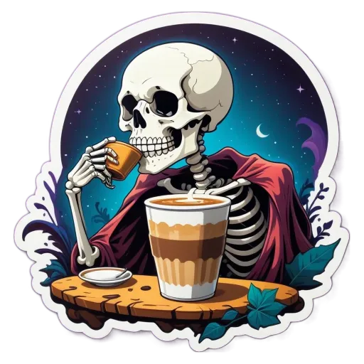 A skeleton eating a cup of coffee.