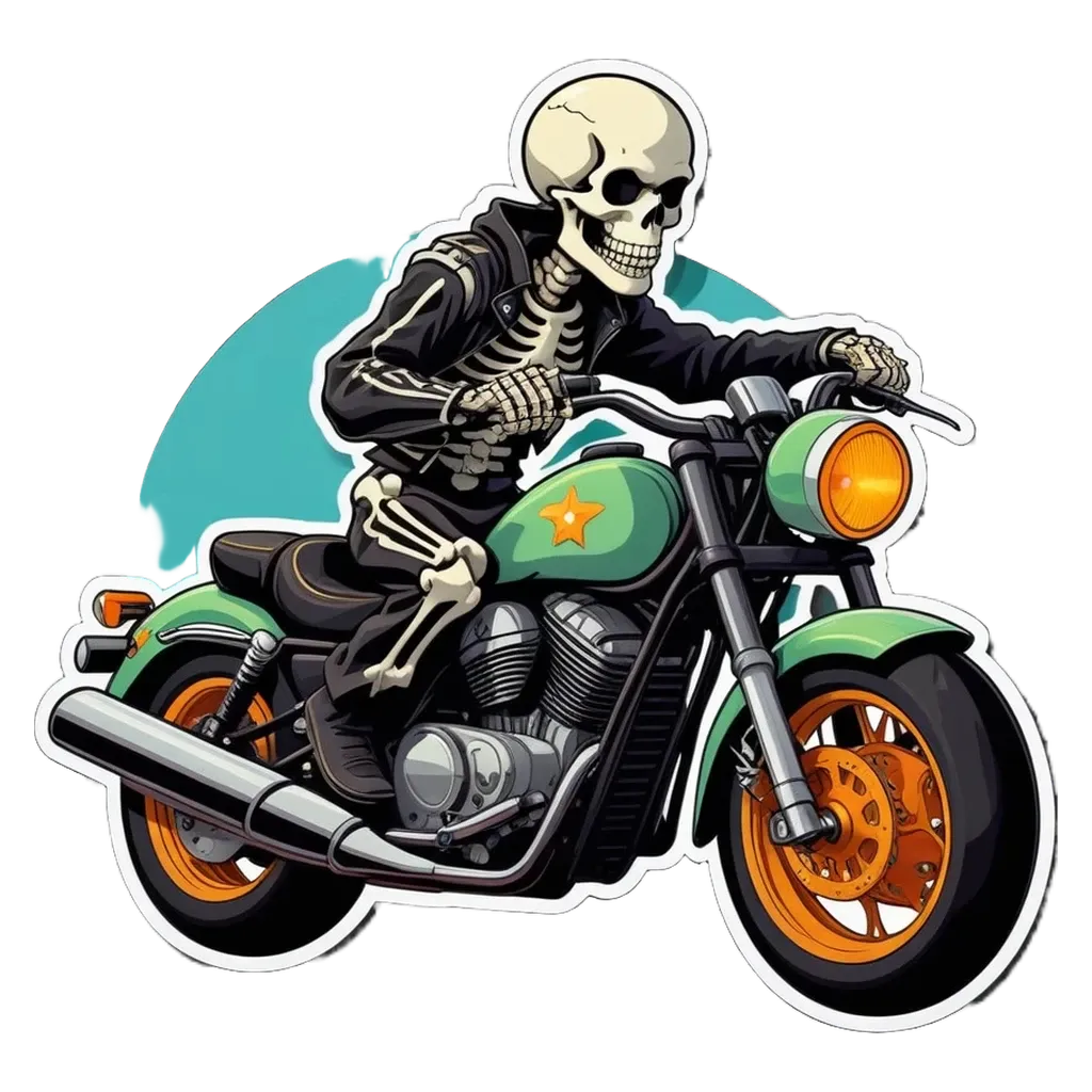 A skeleton riding a motorcycle in a black background.