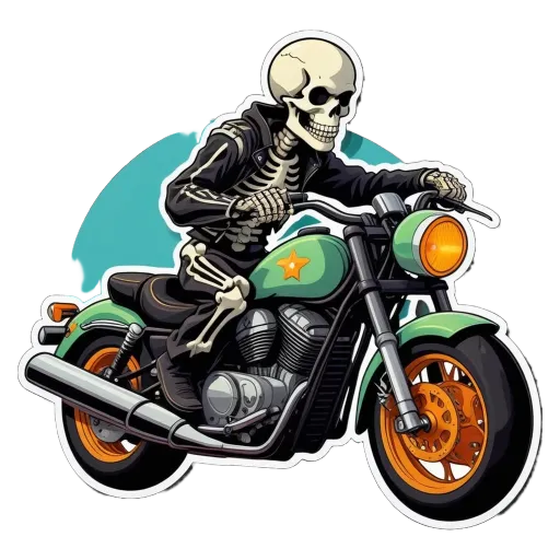 A skeleton riding a motorcycle in a black background.