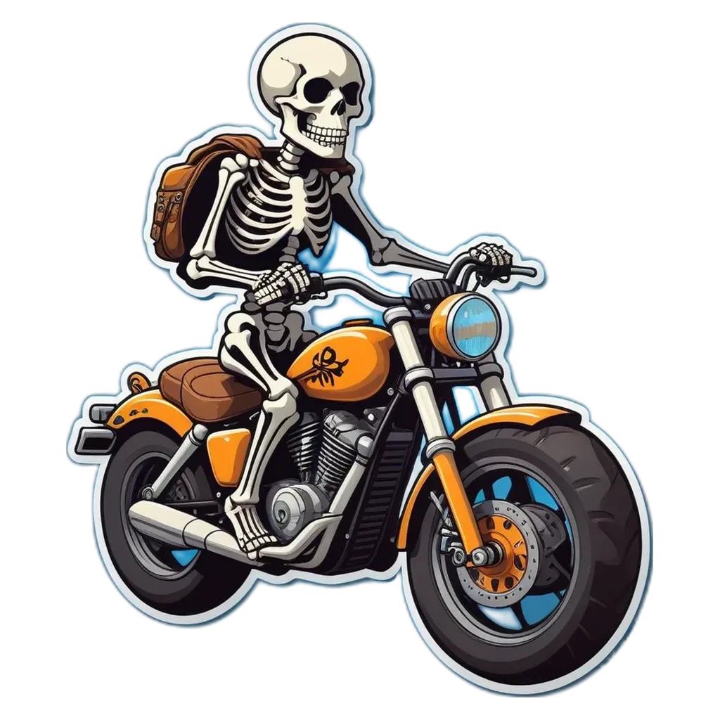 A skeleton riding a motorcycle in a cartoon.