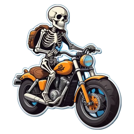 A skeleton riding a motorcycle in a cartoon.