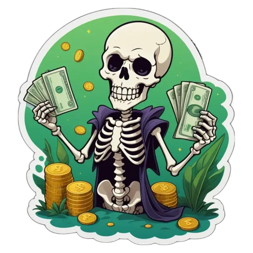 A skeleton holding lots of money in his possession.