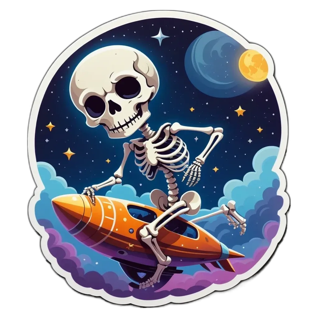 A skull skeleton is riding a space ship.