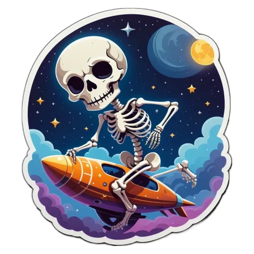 A skull skeleton is riding a space ship.