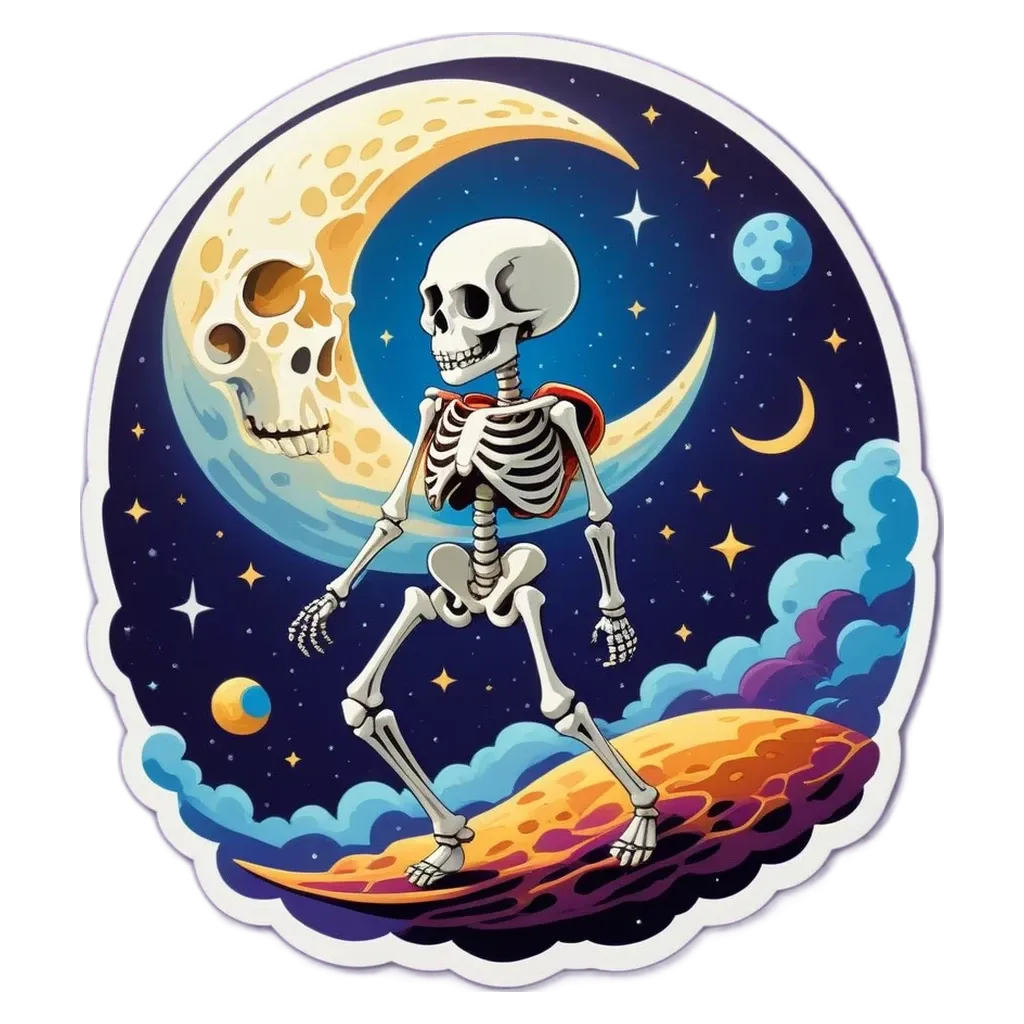 A skeleton riding a wave on the moon.