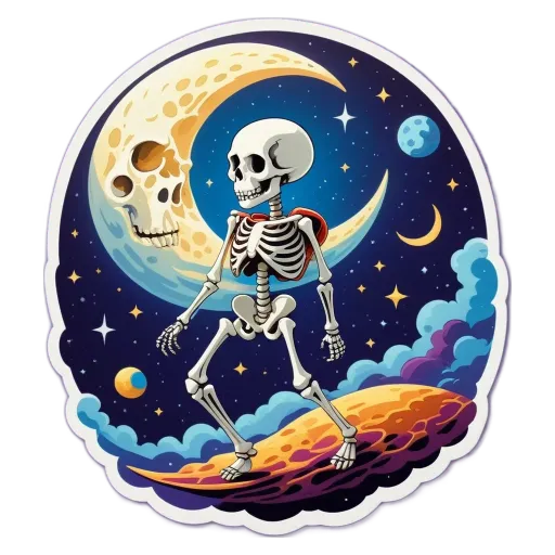 A skeleton riding a wave on the moon.