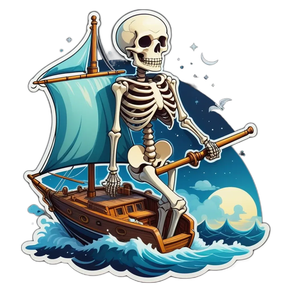 A skeleton riding a ship is the focus of this image.