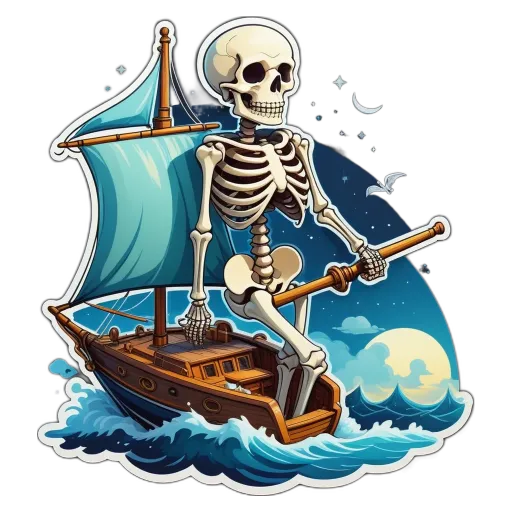 A skeleton riding a ship is the focus of this image.