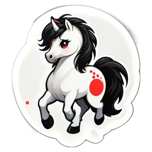 A white unicorn with black hair and red dots on its face.