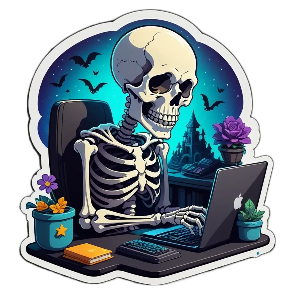 A skeleton using a laptop in a dark room with flowers and a potted plant.