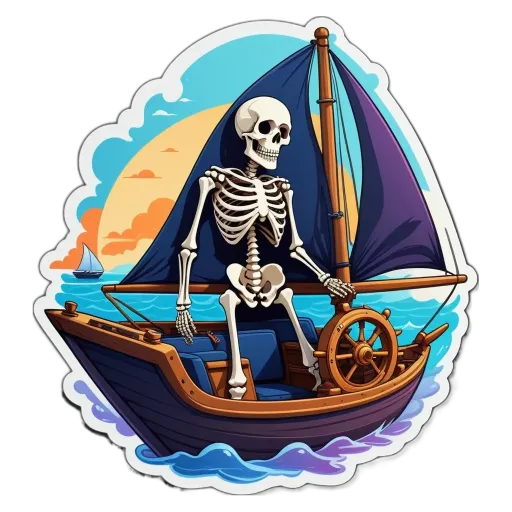 A skeleton in a boat on the water.