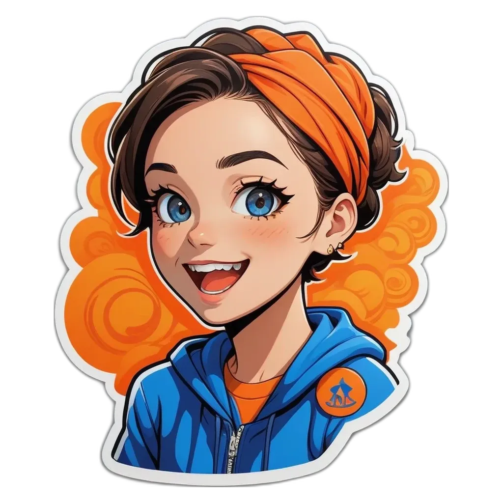 A cartoonish drawing of a girl wearing a blue hoodie and an orange bandanna.