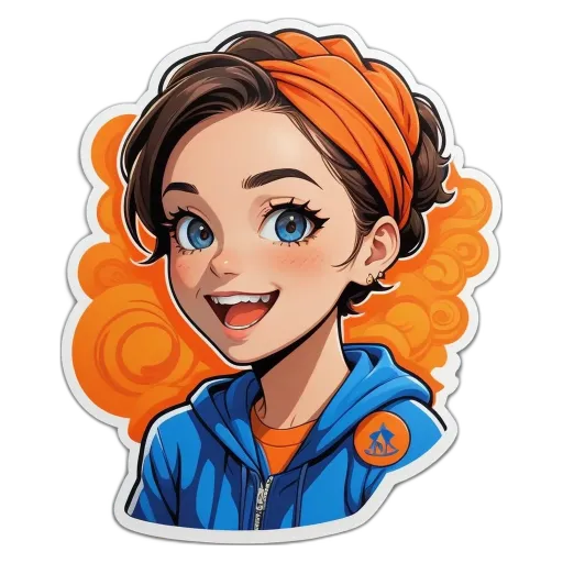 A cartoonish drawing of a girl wearing a blue hoodie and an orange bandanna.