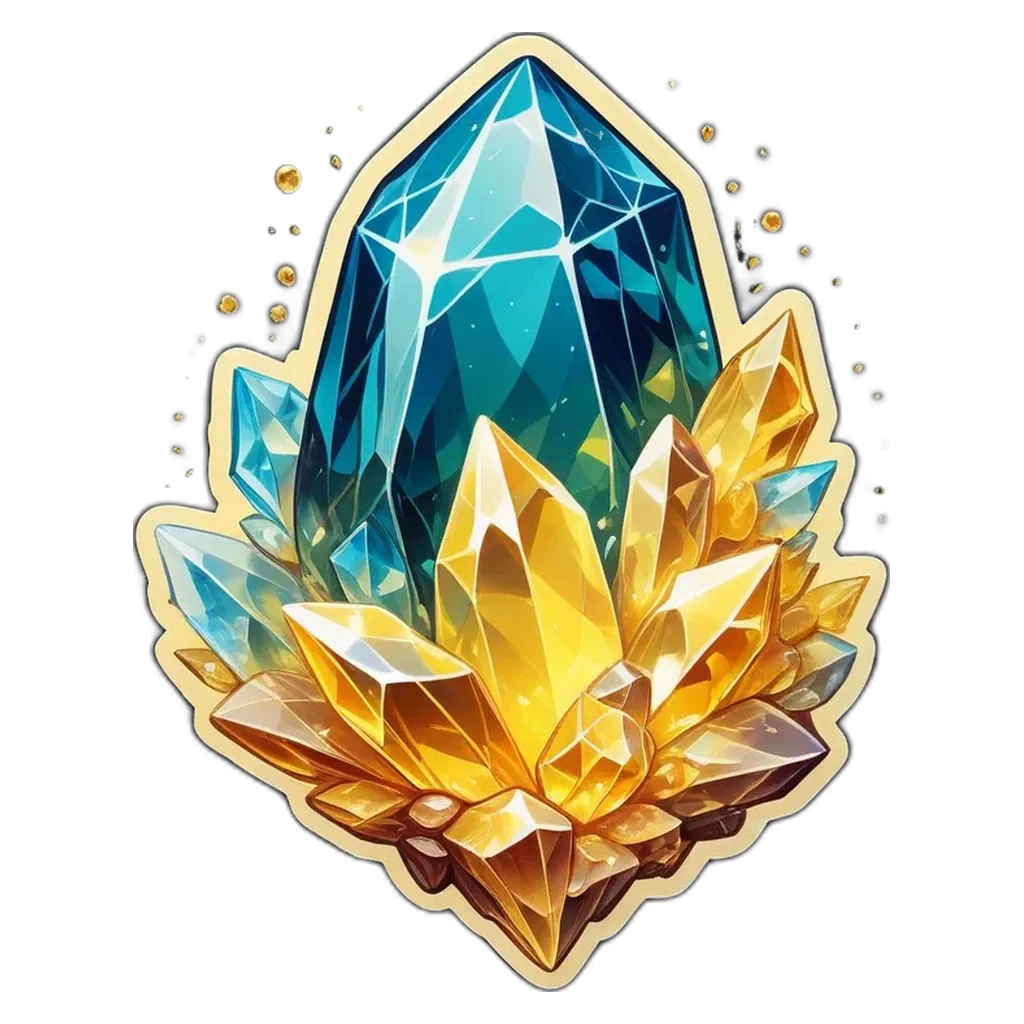 A blue and yellow crystal sticker with a black background.