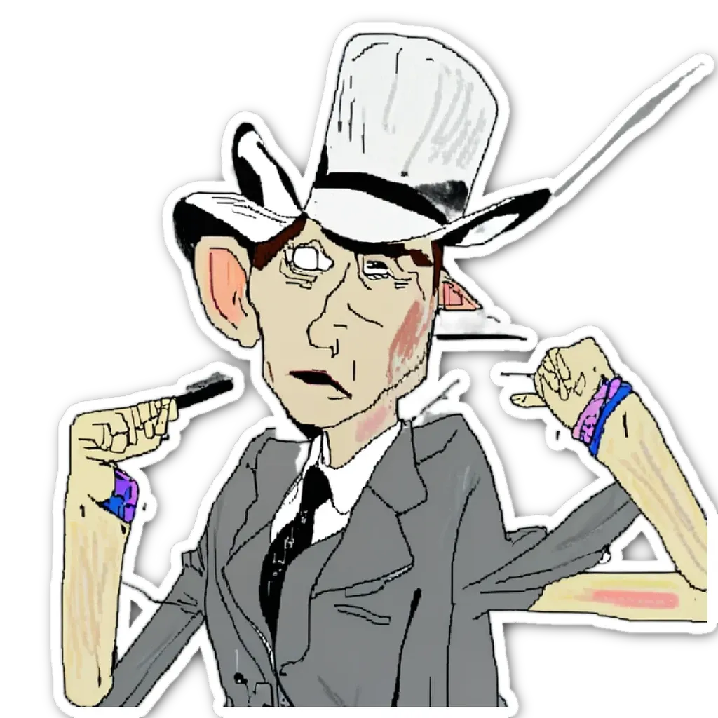 A man in a suit is pointing fingers and wearing a top hat.