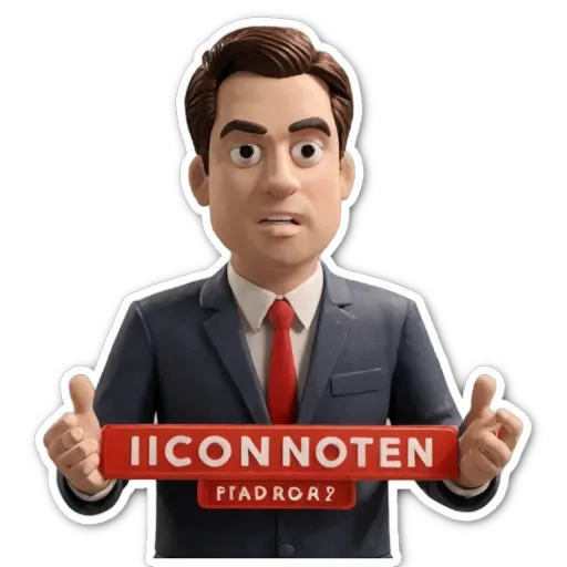 A plastic toy of a man wearing a suit and tie with the words Iconnoten partyraq.