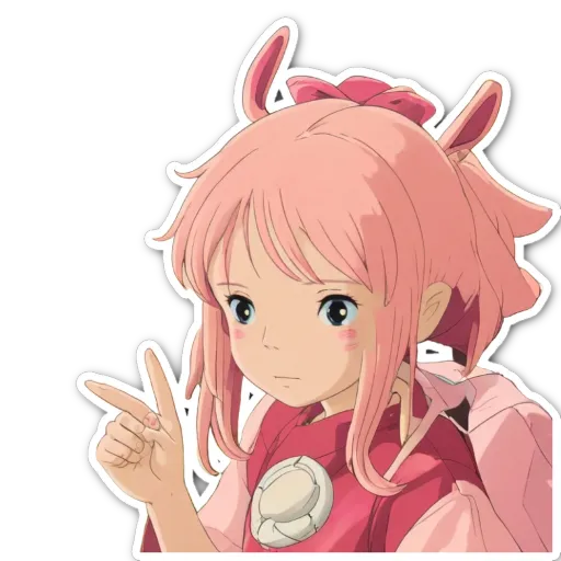 A girl in a pink kimono holds up her hand with a peace sign.