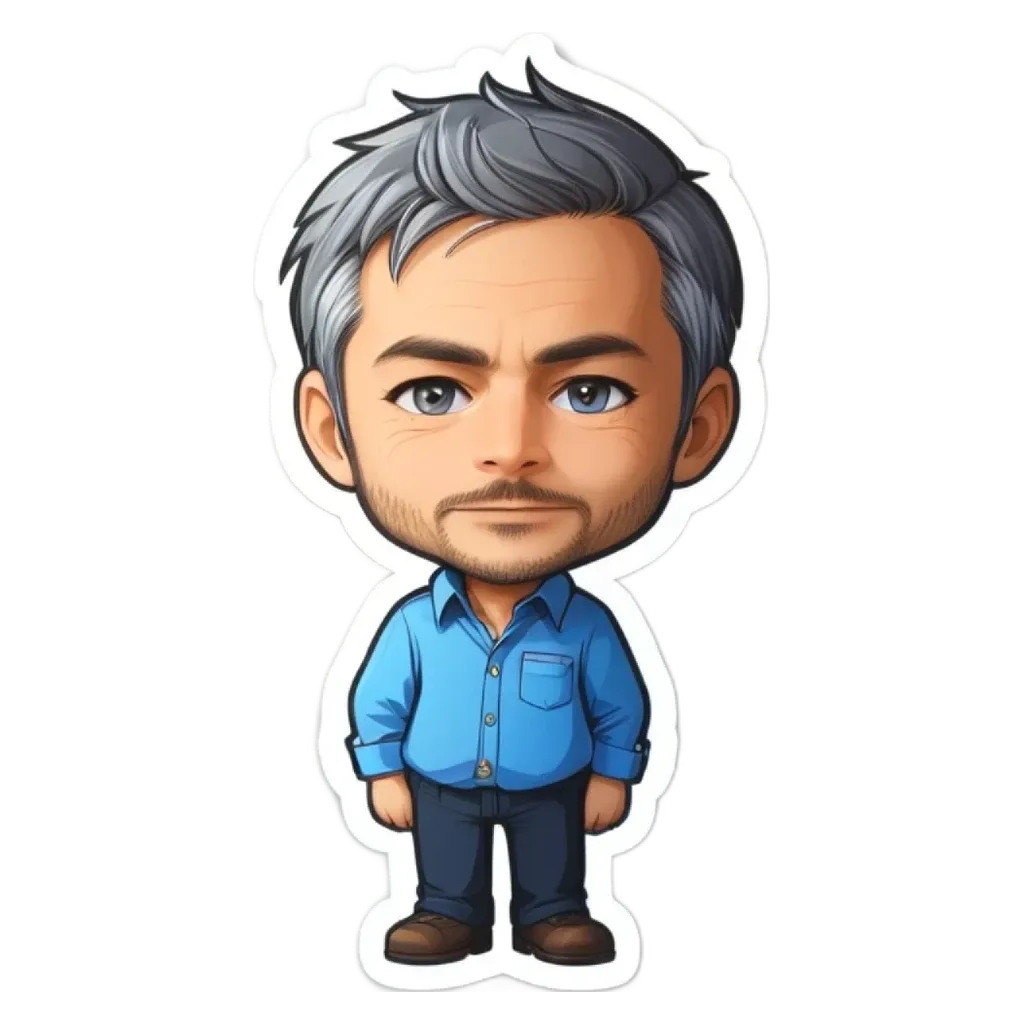 A cartoonish drawing of a man with gray hair and blue shirt.