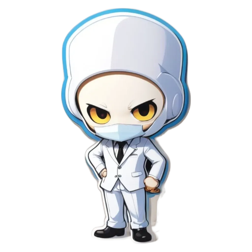 A cartoon character wearing a white suit and a face mask.