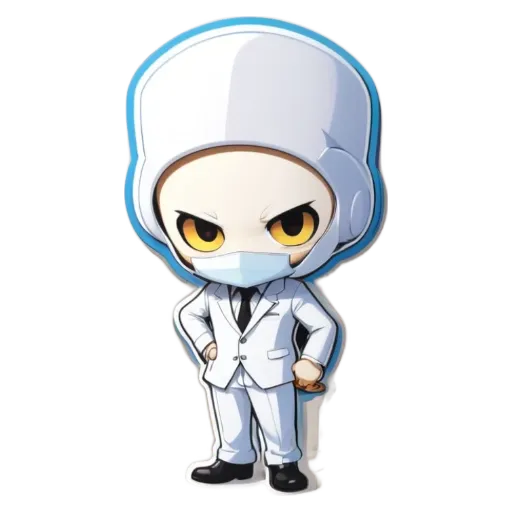 A cartoon character wearing a white suit and a face mask.