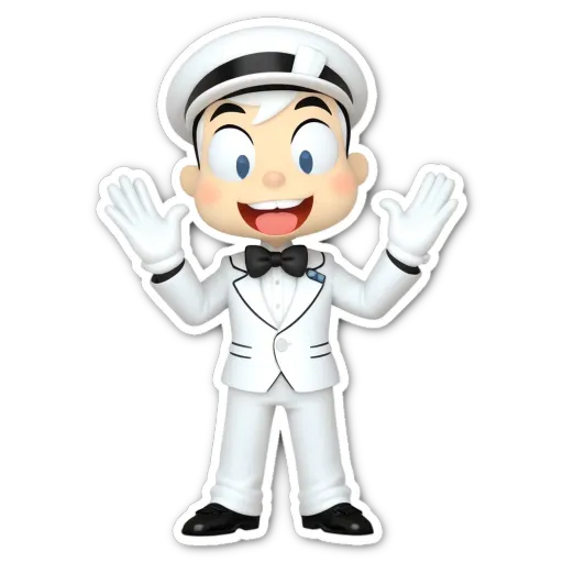 A cartoon depiction of a sailor in a tuxedo with a blue square on his face.