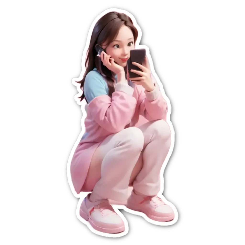 A girl is squatting down while holding a cell phone.