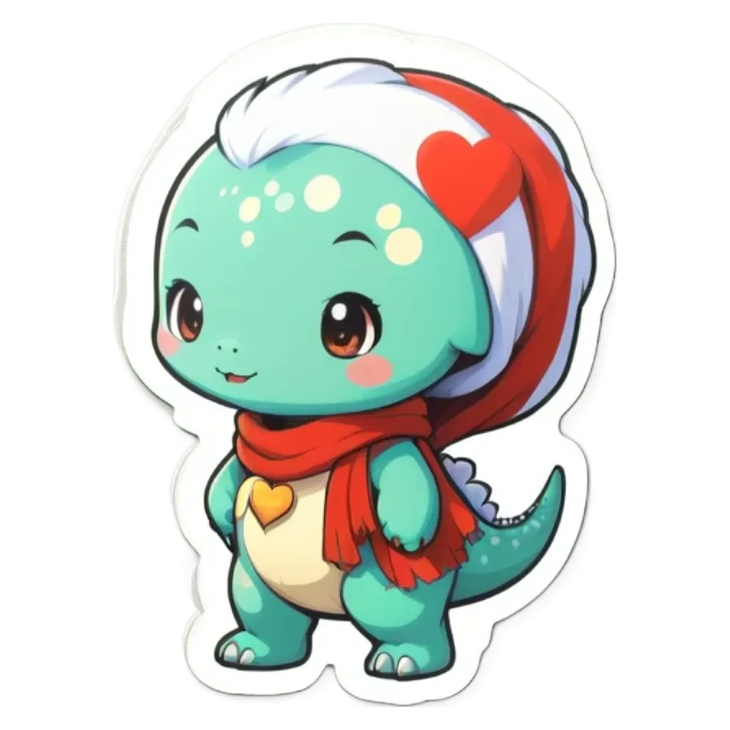 A cute little dinosaur in a heart and scarf standing on a white background.