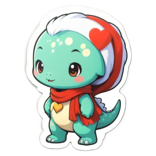 A cute little dinosaur in a heart and scarf standing on a white background.