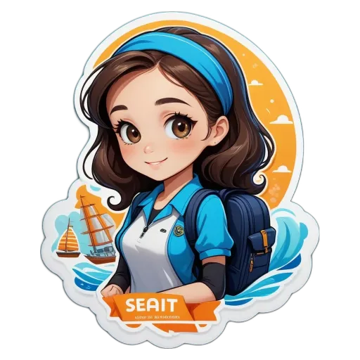 A girl with a name tag Seait that is on a black background.
