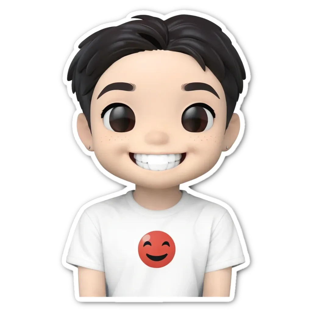 A boy wearing a white shirt with a red smiley face.