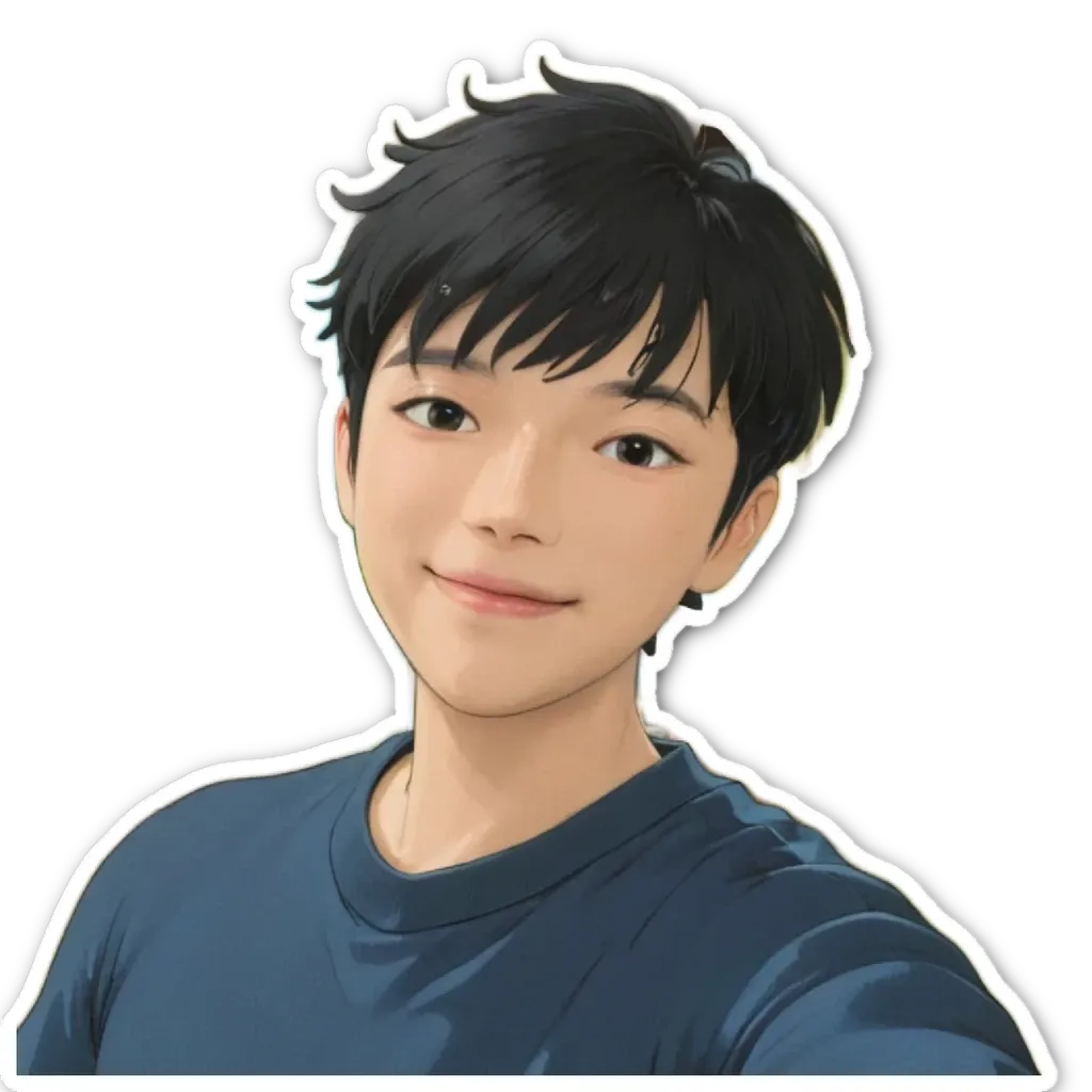 A boy with black hair and a blue shirt who is smiling.