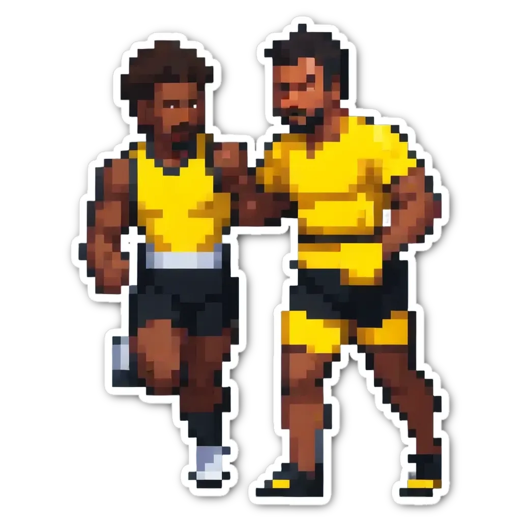 Two men in yellow and black running and holding hands.