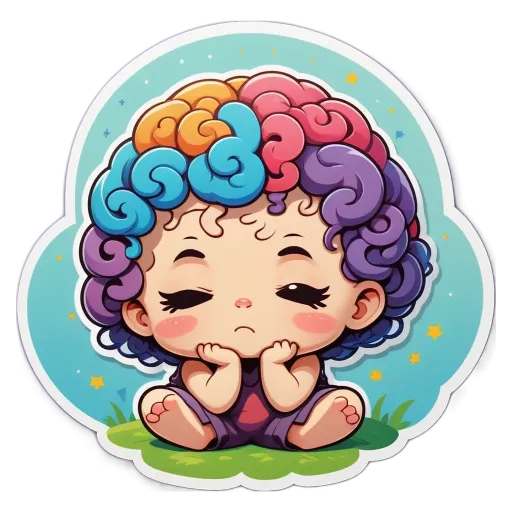 A colorful character with curly hair is sitting with her eyes closed.