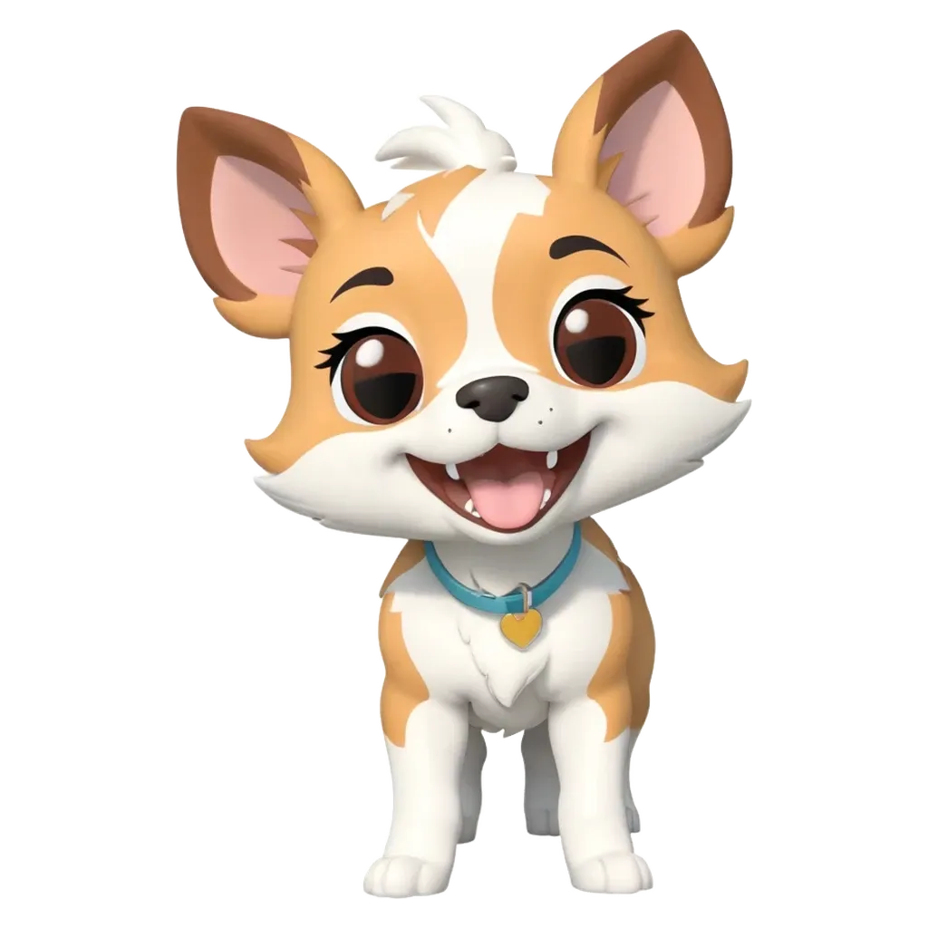 A cartoon dog with a blue collar is smiling.