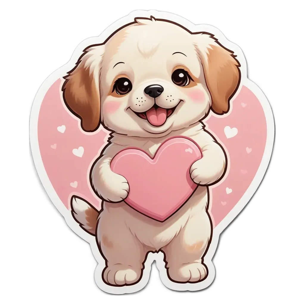 A cartoon dog holding a heart holds a heart in his mouth.