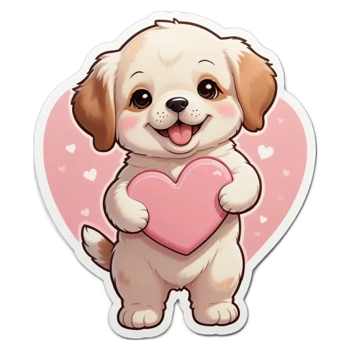 A cartoon dog holding a heart holds a heart in his mouth.