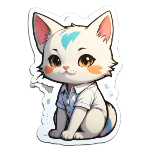 A white cat with blue eyes is sitting on a white shirt.