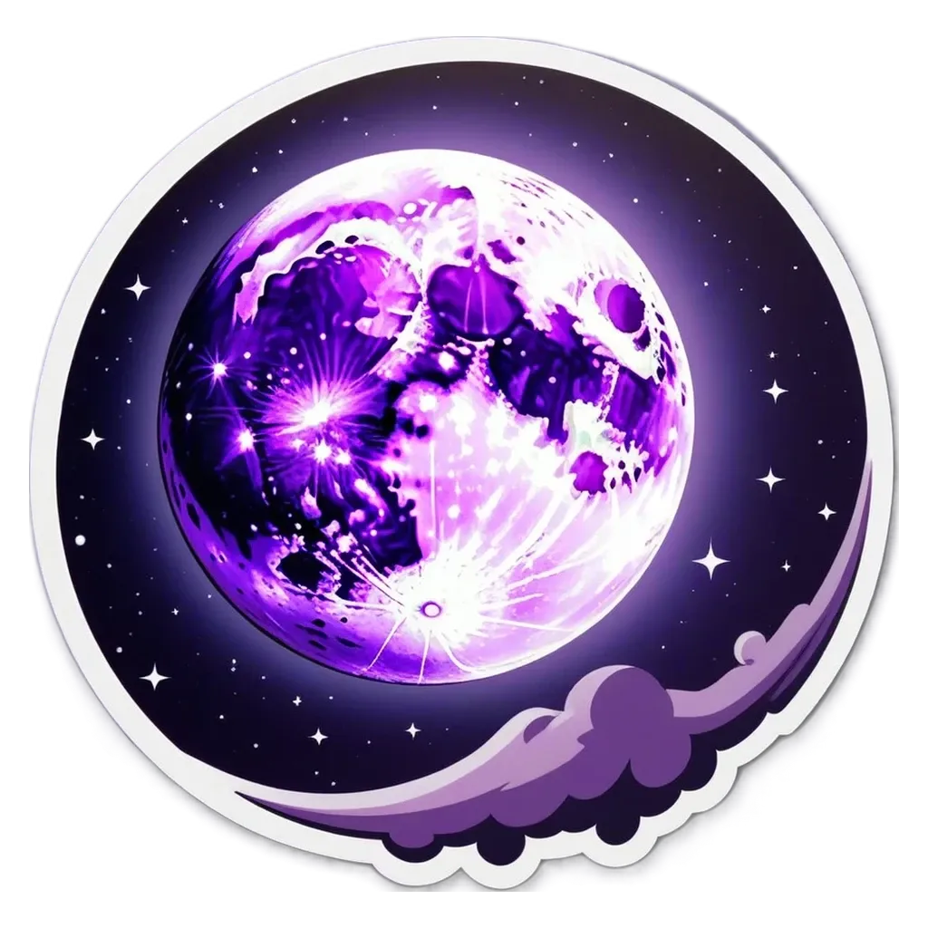 A round purple moon is in the sky.