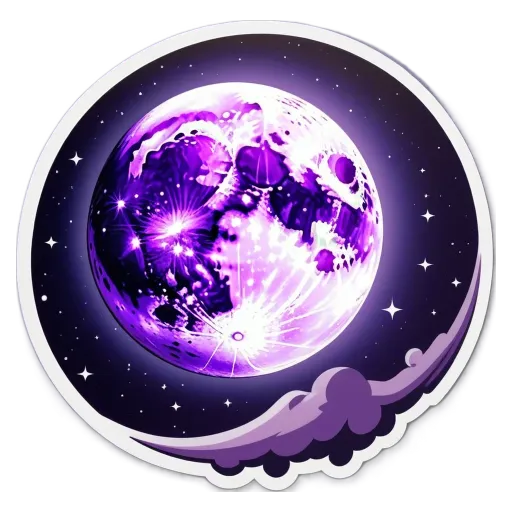 A round purple moon is in the sky.