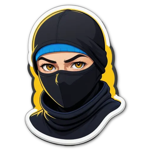 A sticker of a woman with a black mask on her face.