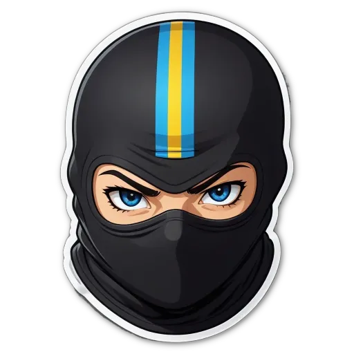 A sticker of a person with blue eyes and a black mask.