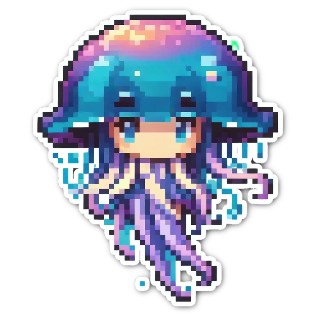 A sticker of a pixel fish with blue eyes.