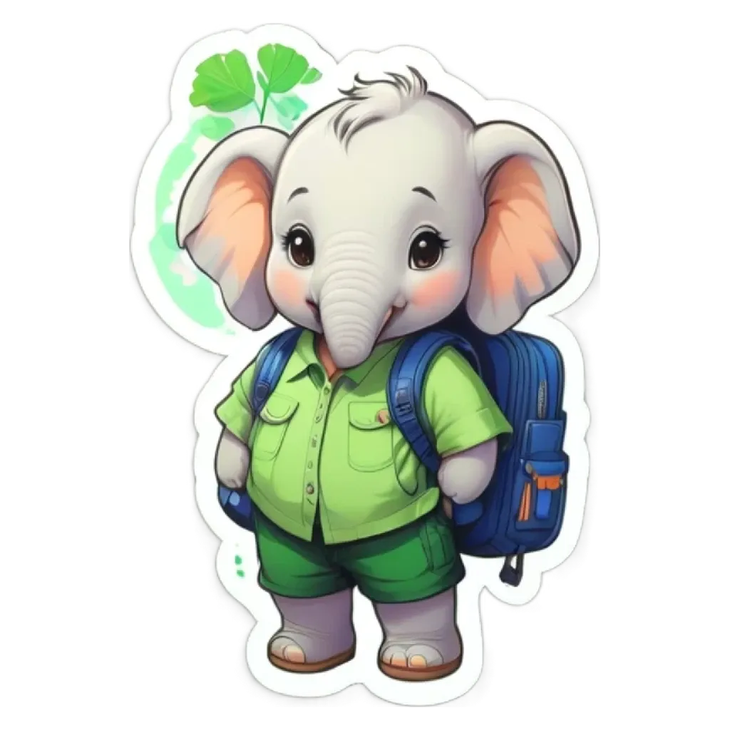 A cartoon elephant wearing a green shirt and a backpack.